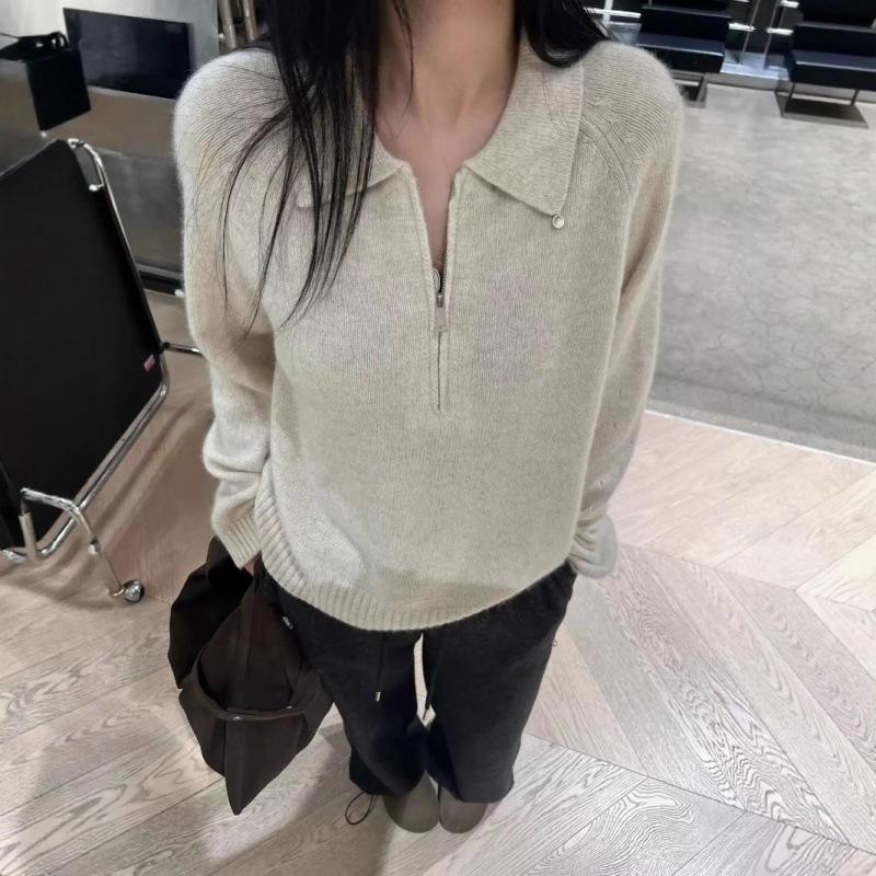 Dámský podzimní zimní pulovr Dámský evropský styl Rafinovaný perleťový knoflík Límec s klopou Dlouhý rukáv Prémiový pletený svetr na poloviční zip