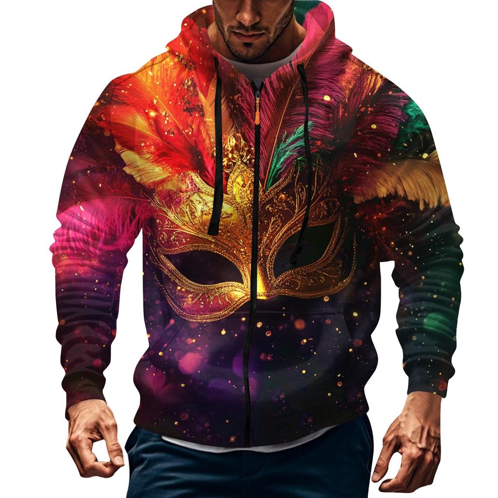 Men's Sports Casual Fleece Hoodie Carnival Print Hoodie Cardigan Zipper Multi-pocket Hoodie Coat