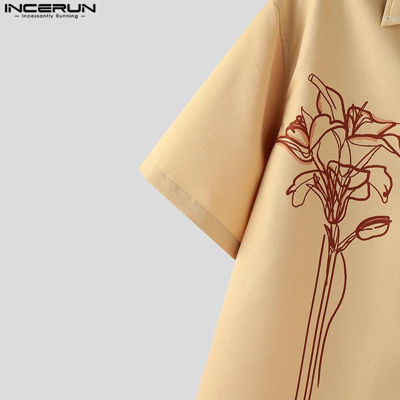 INCERUN Oversized Men Lapel Neck Short Sleeve Buttons Print Casual Shirts