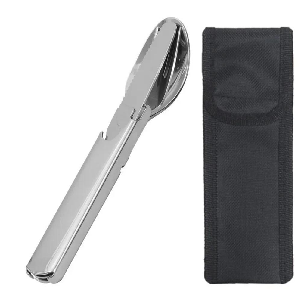 4-in-1 Outdoor Multifunktionales Geschirr Tragbares Edelstahl Löffel Messer Gabel Besteckset Für Camping Wandern Picknick Zubehör. KTY