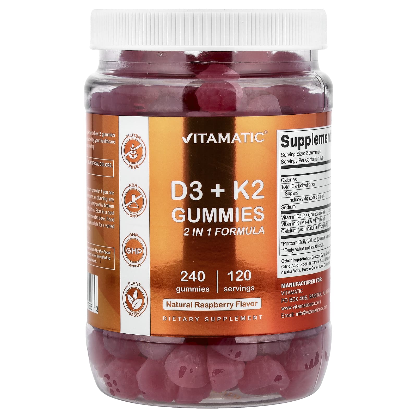 

Vitamatic, D3 + K2 Gummies, Natural Raspberry, 240 Gummies