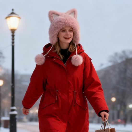 Winter Hat Faux Fur Ear Protective Cap Fox Ear Decor Soft Plush Lined Windproof Warm Winter Headwear