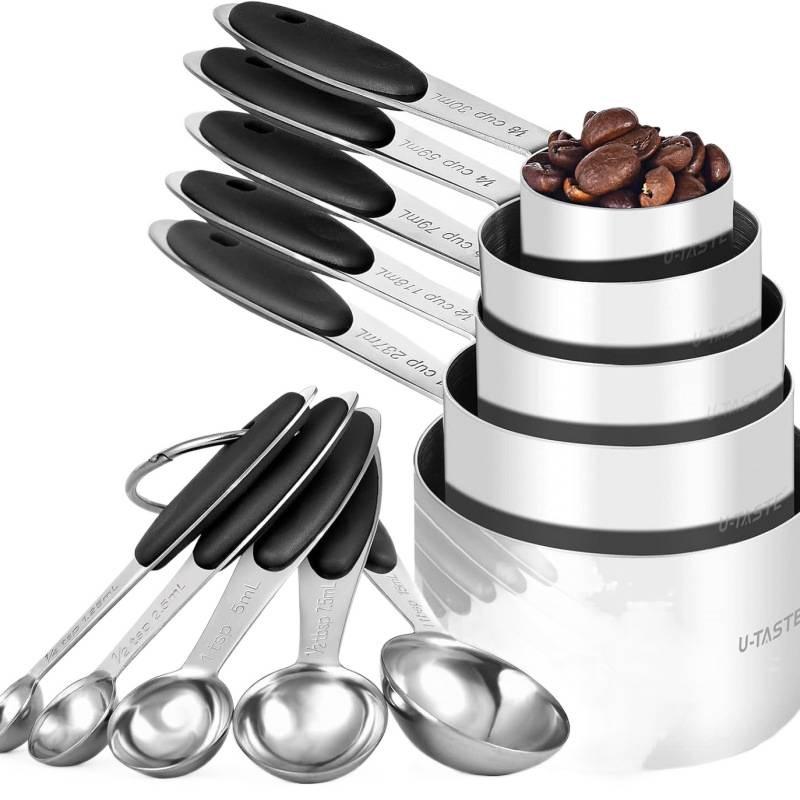 10-Piece Stainless Steel Measuring Cups and Spoons Set for Coffee, Seasoning, and Baking.