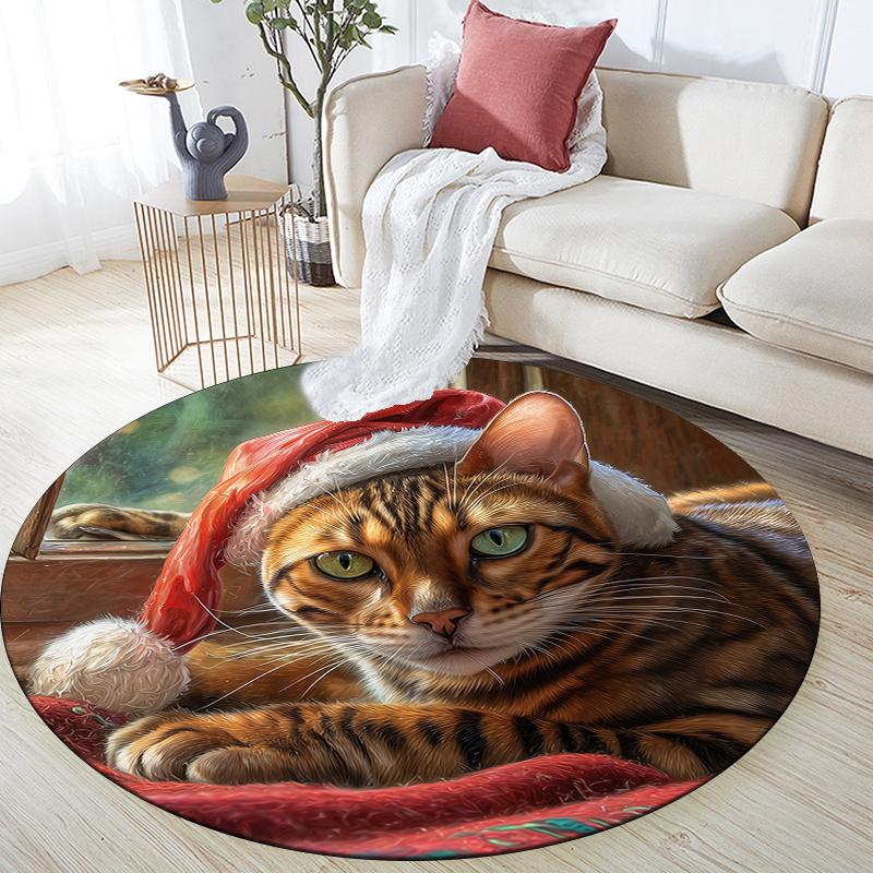 Christmas Cat pattern round rug,Carpet Rug for Living Room Bedroom Sofa Playroom Decor,Non-slip Floor Mat,Holiday Gifts and Birthday Gifts