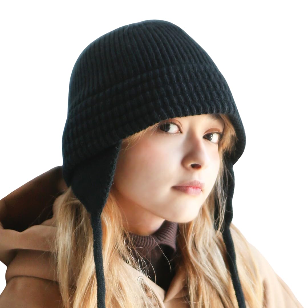 

ICHIYON Вязаная шляпа-клош с вязаной шапкой для тонкой вязаной натуральной вязаной шапки с ушками [14+ ПЛЮС] уши, женщины, шляпа, часы, простой, однотонный, / чёрный