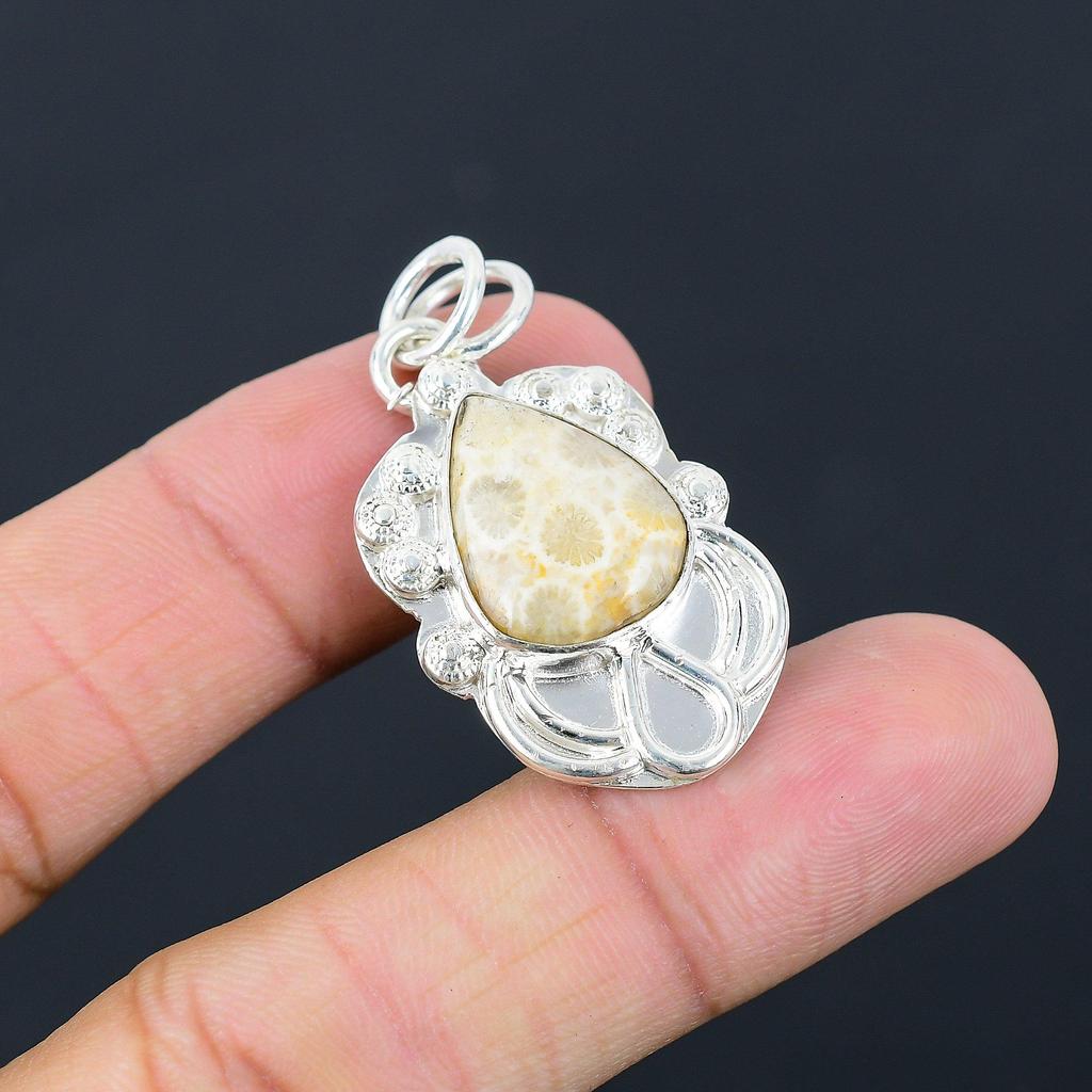Natural Fossil Coral Gemstone Jewelry 925 Sterling Silver Pendant For Women