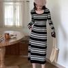 A New Striped Knitted Dress for Women in Autumn and Winter, Featuring A Slimming Mid-length, Form-fitting and Laid-back Style That Fits The Buttocks