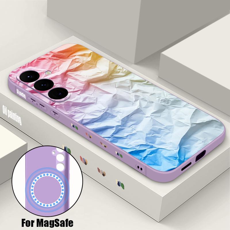 Colorful Stripes Print Case For Samsung Galaxy S26 Ultra S25 FE S24 S23 S22 Plus S21 FE Built-in Metal Plate Magnetic Silicone Cover