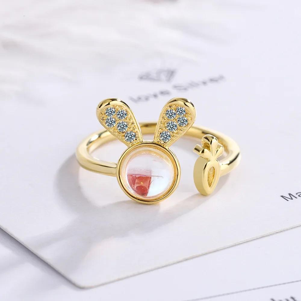 

925 Sterling Silver Bunny Ring for Women - Adorable Rabbit & Carrot Design with CZ Stones Dainty Animal Jewelry for Wedding Gift One Size золотий