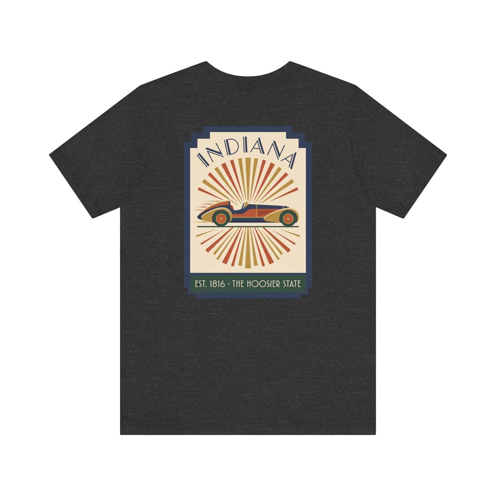 Indiana Vintage Racecar Art Deco T-Shirt | Retro Hoosier State Graphic Tee | Racing Gift M
