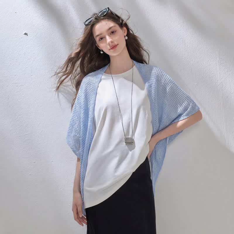 Sancai 2026 New Mulberry Silk Blend Hollow-out Knit Triangular Shawl One Size озеро синий