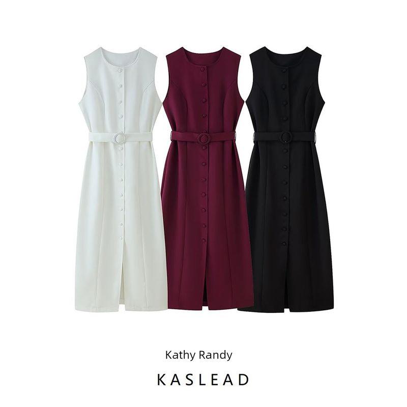 Kaslead New Women Clothes Western Style Fashion Simple Round Neck Single-Breasted Belt Decoration Dress