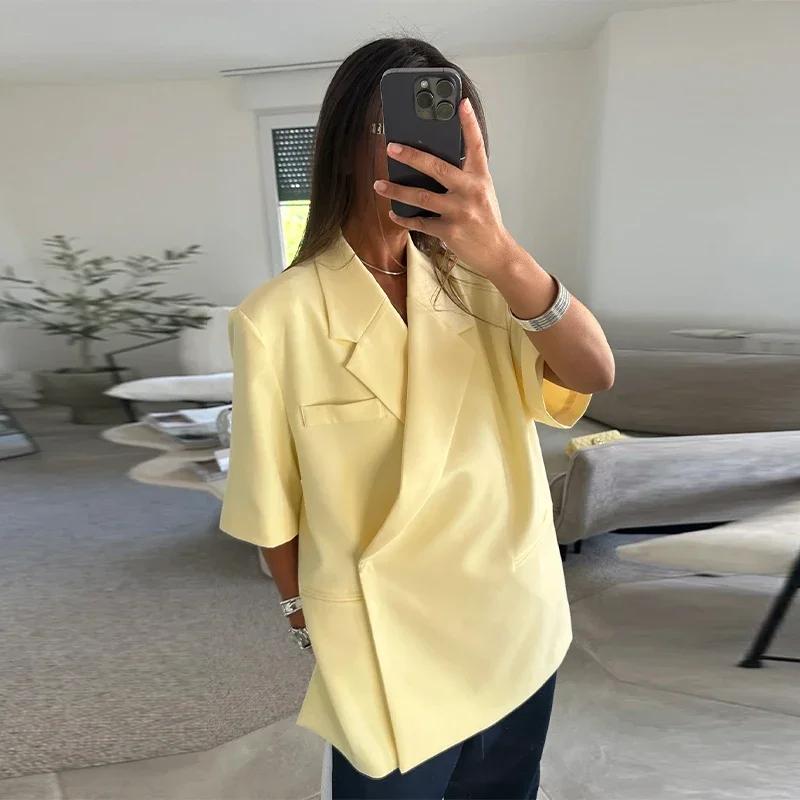 

Элегантное пальто-блейзер Тонкое Женское Однотонное С Коротким Рукавом Отложной Воротник Пальто С Карманами Свободное 2025 Лето Повседневное Женский Пиджак L жёлтый