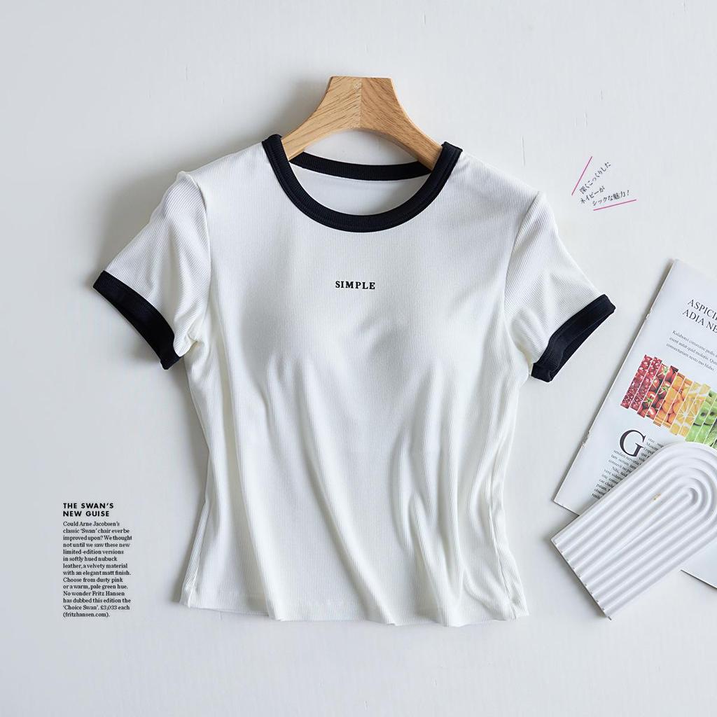 Women's Contrast Casual Short-Sleeve T-Shirt with Chest Pads, Bra-Free, One-Piece Round Neck for Summer.