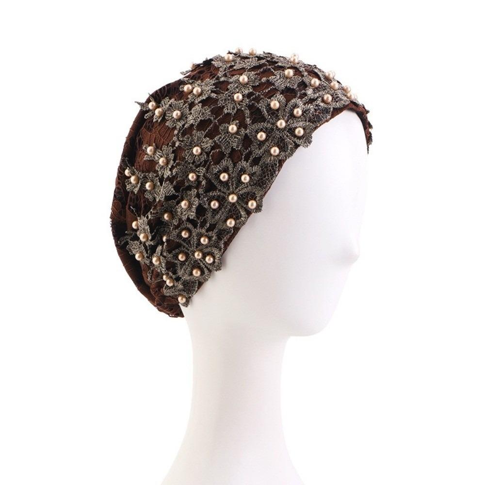 Headwrap Elegant Glittery Turban Cap Embroidery Beaded Comfortable Breathable African Headwrap Underscarf Hat For Women кофейный