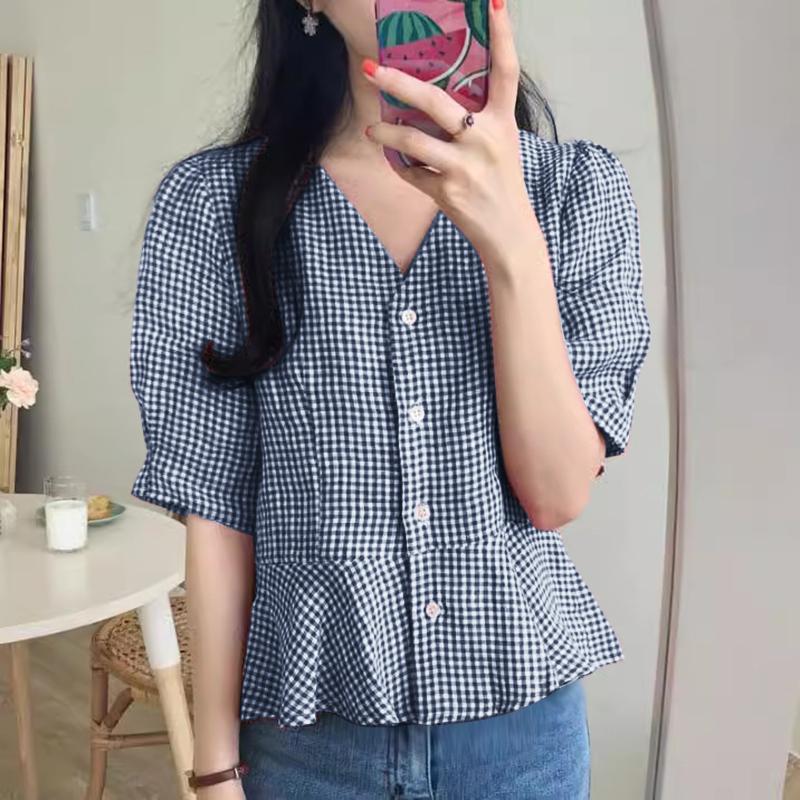 

ZANZEA Женская повседневная блузка в клетку с V-образным вырезом и коротким рукавом для лета
