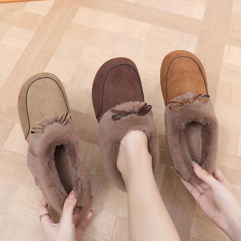 2025 Winter New Shoes Women's Velvet Warm Versatile One-pedal Bow Retro Women's Shoes Shallow Birkenstocks