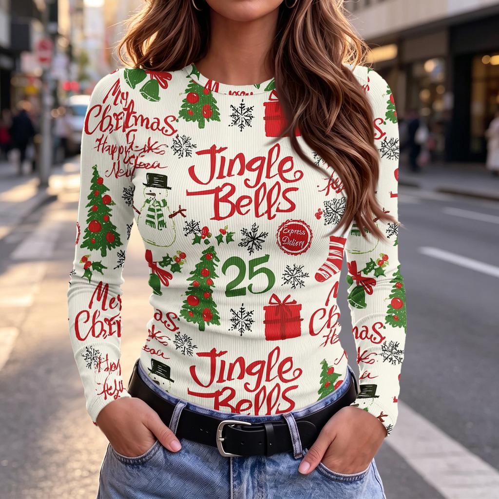 Damen Slim Fit Langarm-T-Shirt mit festlichem Aufdruck am Ausschnitt Lässiges Oberteil