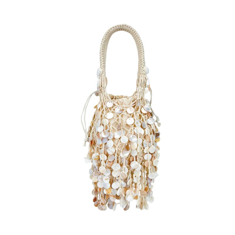 Bohemian Style Natural Shell Piece Woven Armpit Bag Women Casual Seaside Beach Vacation Handmade Bead Tassel Mesh Handbag