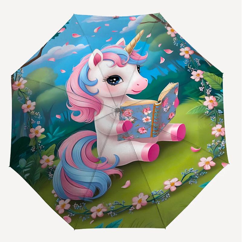 1PC unicorn, flowers Automatic Open/Close Umbrella with Windproof, 8-Rib Sturdy Canopy, Durable Ribs, Fashionable Design, Outdoor Accessory, Fun Prin,