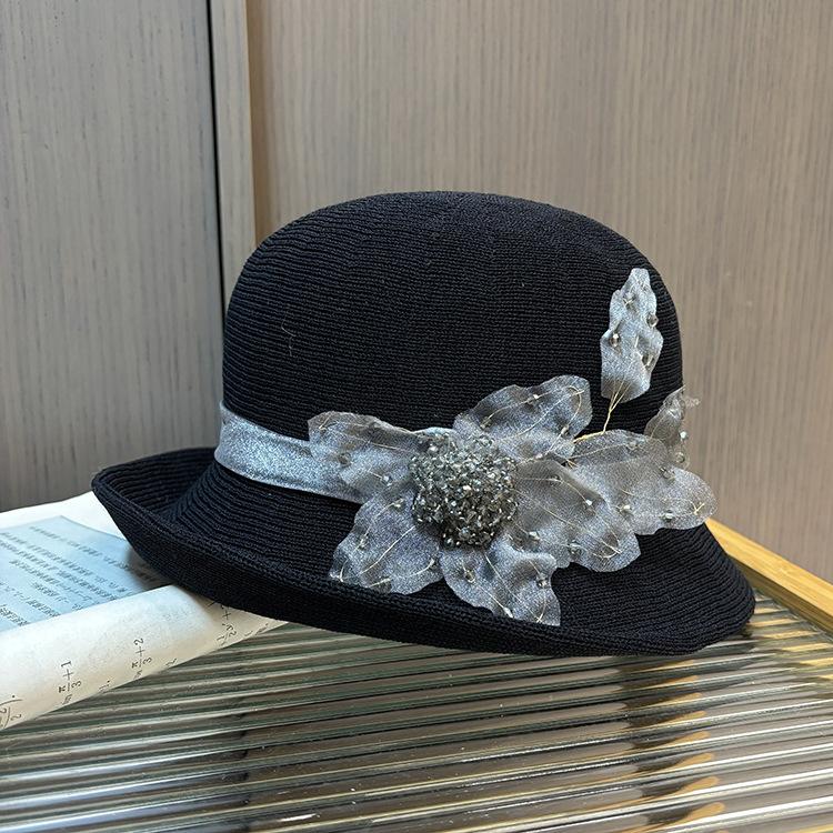 Elegant Curled Bowler Hat Women'S Spring And Summer Shopping Versatile Knitted Bucket Hat British Retro Sunshade Basin Hat