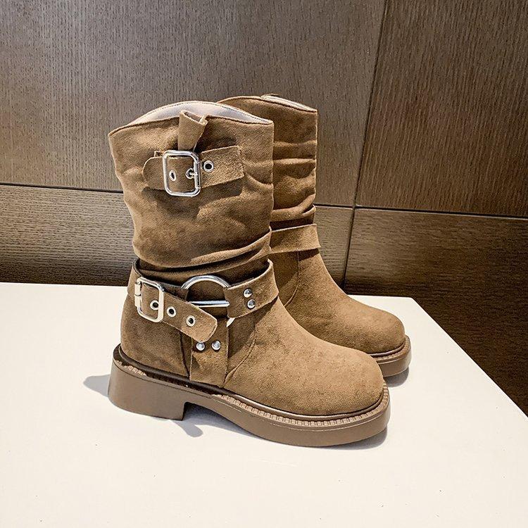 Large Size Women's Shoes 41 To 43 Retro Platform Western Knight Boots Women's Autumn and Winter Belt Buckle Fashion Locomotive Martin Boots