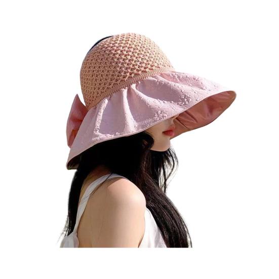 Sun Hat with Bow Design Foldable Breathable Hollow Woven Large Brim Jacquard Fabric UV Protection Face Slimming Summer Travel Hat