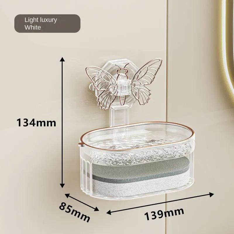 1PCS Butterfly Suction Cup Soap Holder Double-Layer Soap Box with Sponge No Drilling Drainage Water Soap Storage Bathroom Shelf
