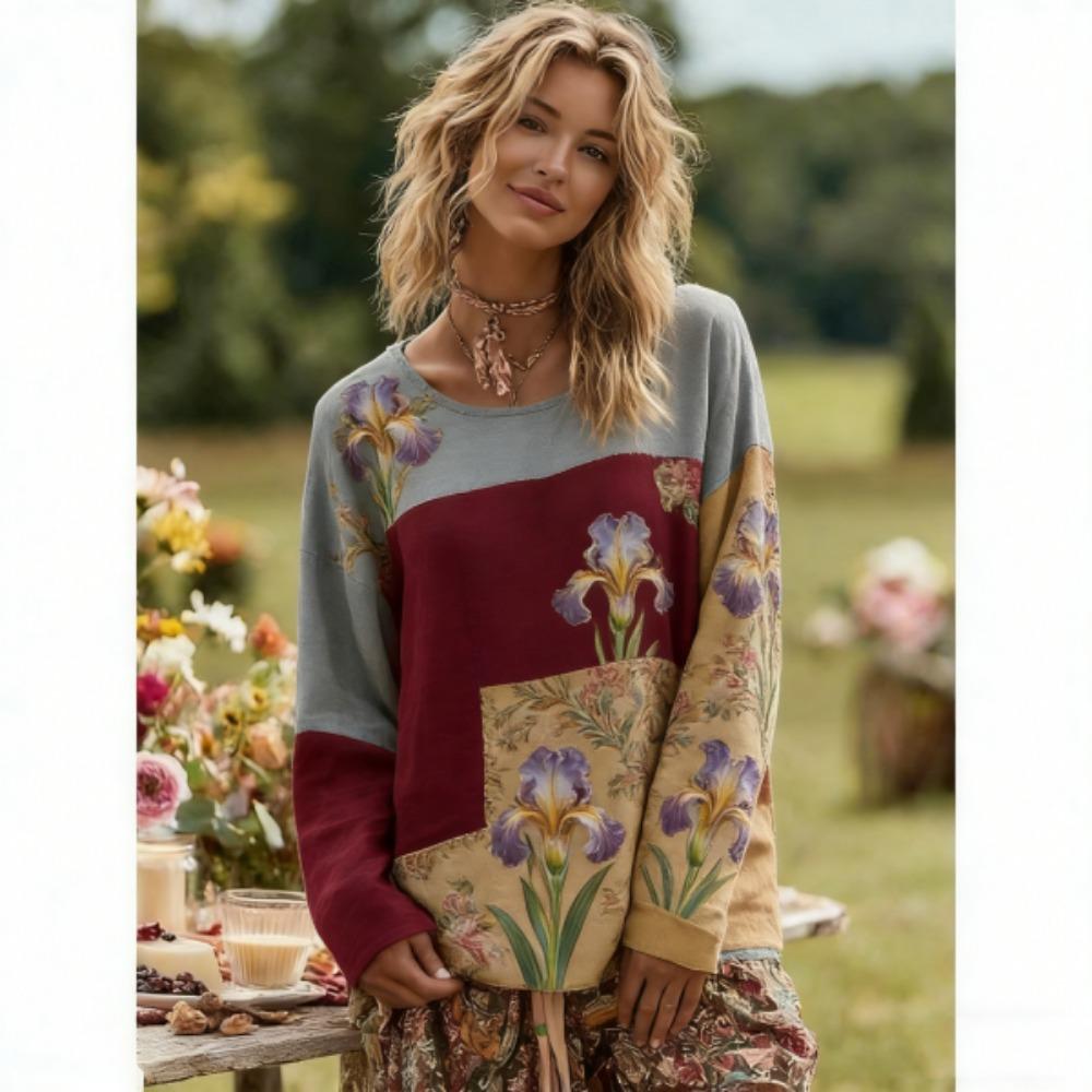 Europa Ameryka Vintage Kolory Łączone Damska Koszulka Pulower Styl Bohemian Damska Z Długim Rękawem Odzież Outdoor Codzienne Koszulki Top