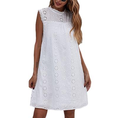 Robe ample sans manches à col montant et à volants, robe blanche trapèze à la mode, robe d'été en dentelle creuse à fleurs et crochets 26623