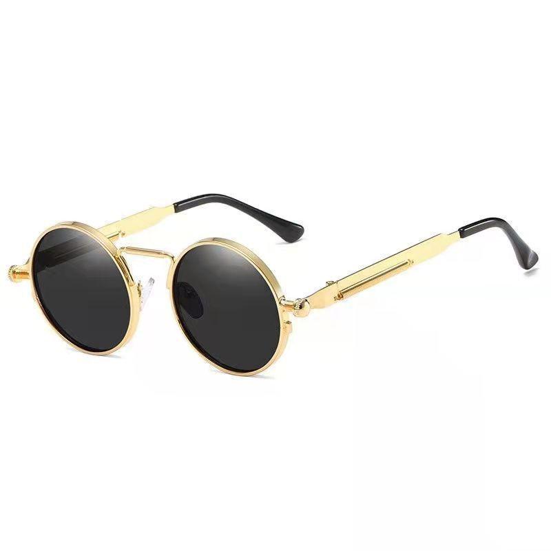 Steampunk Round Metal Sunglasses for Men & Women - Retro Style with Spring Temple
