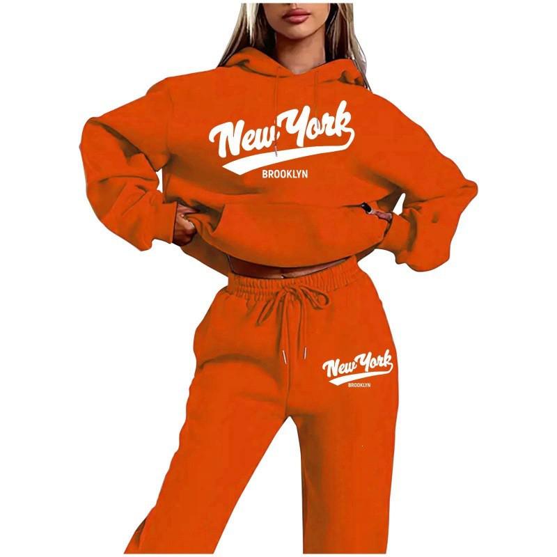 Womens 2026 New York Print Hooded Sweatshirt Set With Fleece-Lined Pants Fall Winter Outfit Streetwear Casual Tracksuit