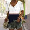 Summer Oversized T-Shirts Anchor Print Top For Women's Clothing V-Neck Female Fashion Plus Size 2024 New Style T-Shirt For Women