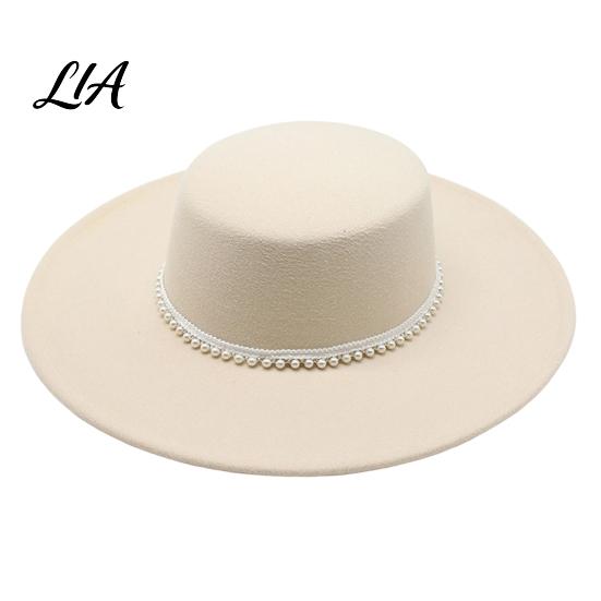 Luxury Faux Pearl Trimmed Hat Wide Brim Wool Felt for Women, Vintage Flat Top Fedora Wedding Guest Fashion with Trim, Elegant Winter Cap Autumn