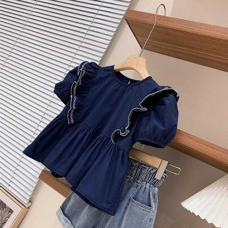 

Модный ретро комплект рубашки с пышными рукавами и джинсовых шорт для девочек лето 2024 со стильным дизайном Short Sleeve,110