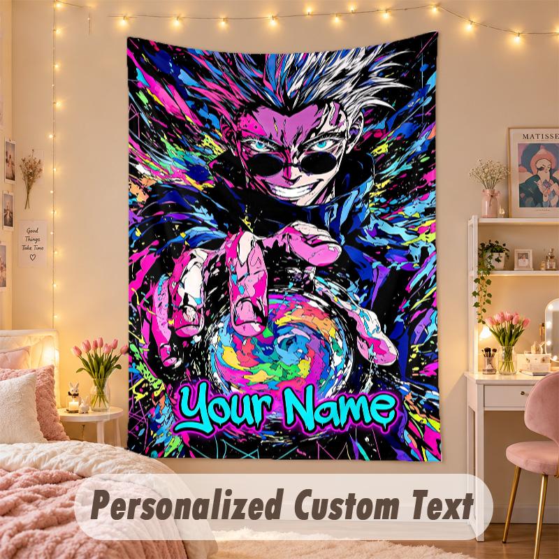 Benutzerdefinierter personalisierter Wandteppich, Jujutsu Kaisen Druck Benutzerdefinierter Name Text Wandkunst zum Aufhängen für Schlafzimmer