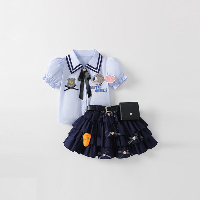 Girls' Summer Rabbit Police Officer JK Skirt Set with Princess Dress