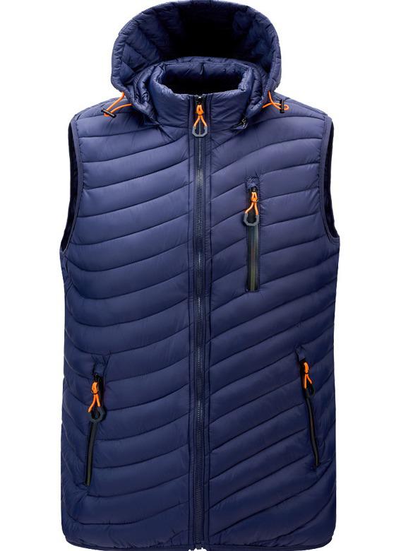 Men's Hooded Cotton-Padded Vest with Zipper Pockets for Autumn & Winter