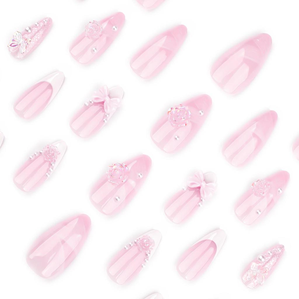 French White 3D Bow Camellia Wearable False Nails with Pearl Ribbon Tips