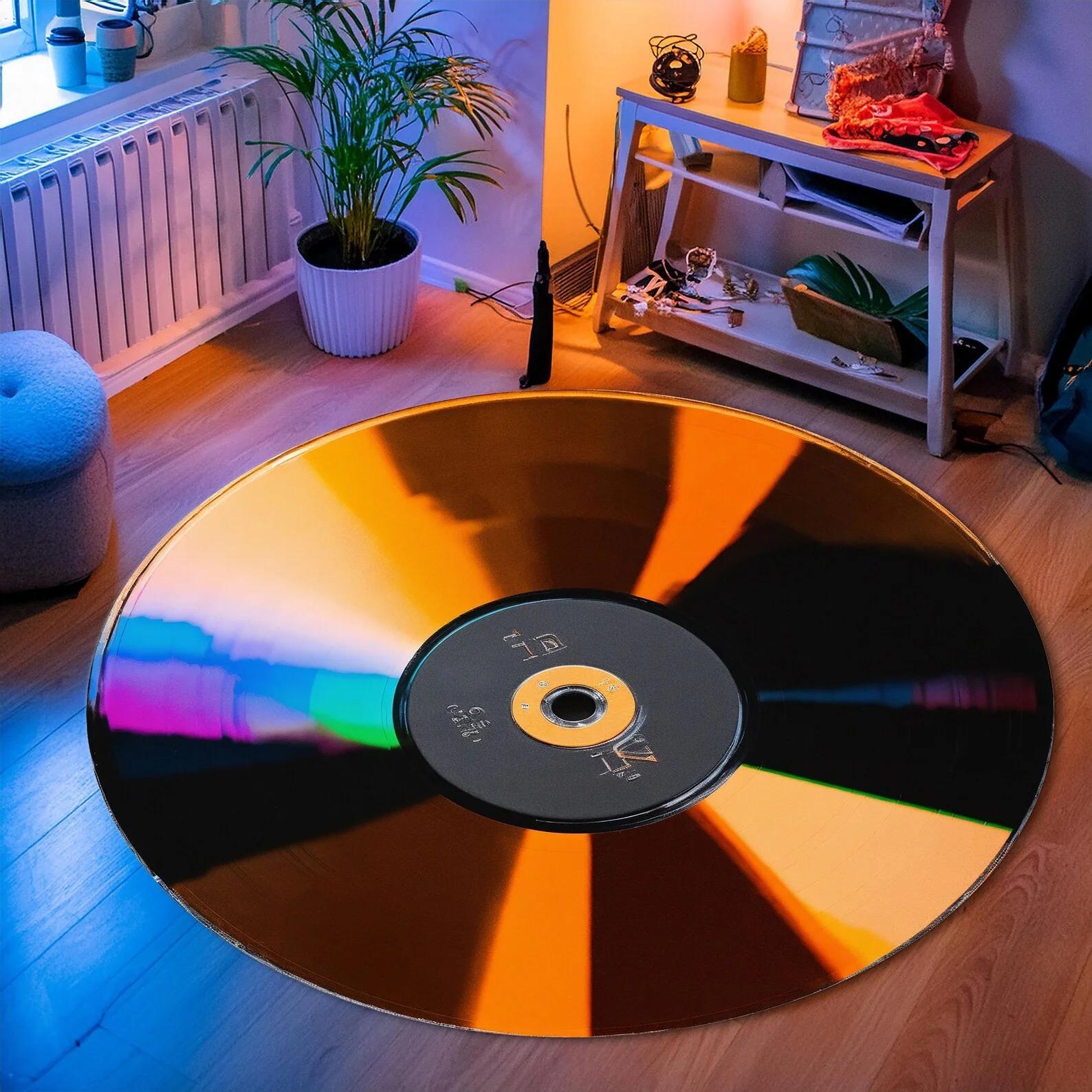 

Golden CD Round Area Rug Retro Music Art Design Soft Fluffy Luxury Living Room Bedroom Decorative Carpet 80cmx80cm