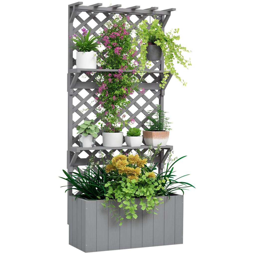 52L Wooden Planter, with Trellis and Shelves - Grey