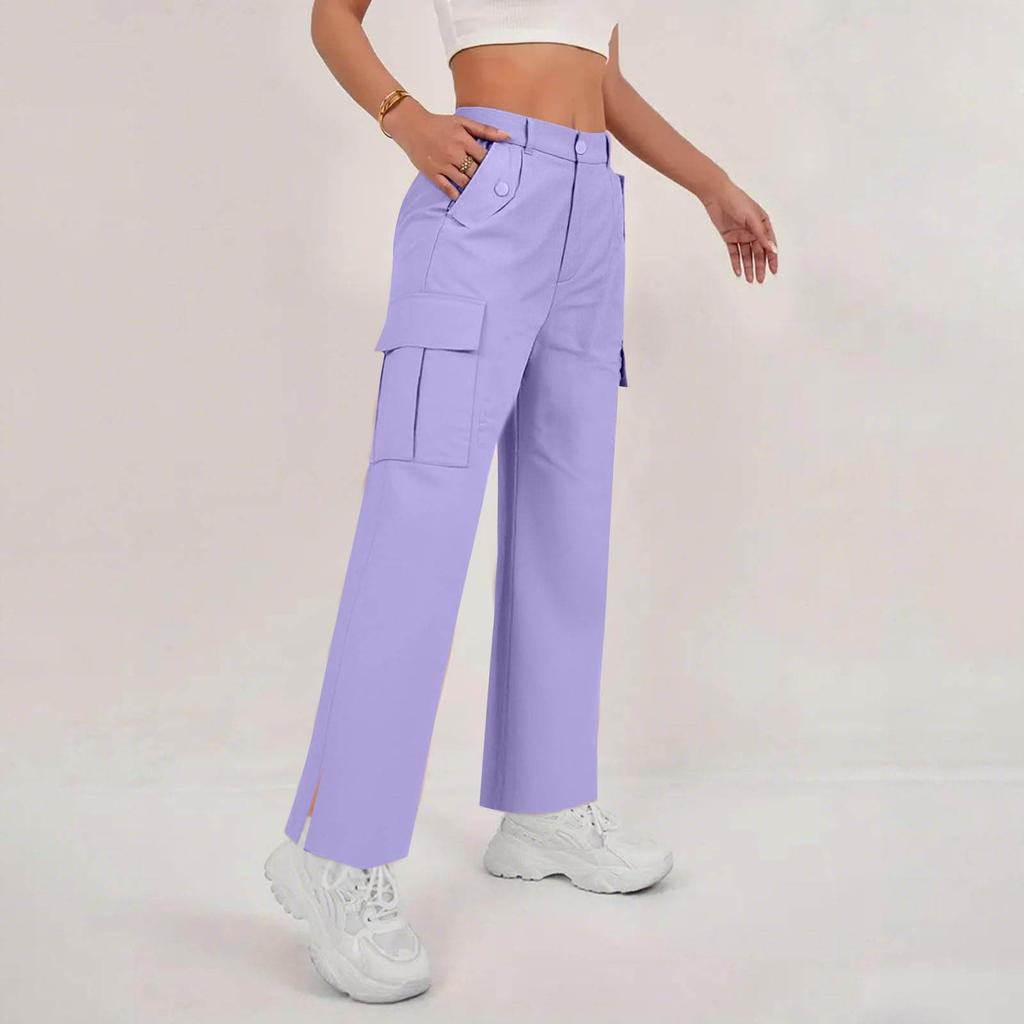 Women's Casual Fashion Solid Color Elastic Waist Drawstring Pocket Wide-Leg Straight-Cut Joggers