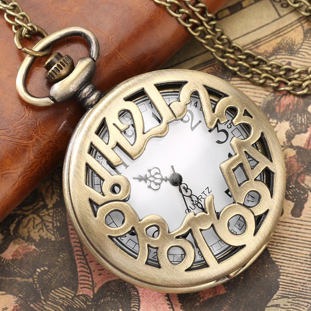 Vintage Bronze Hollow Number Pocket Watch Quartz Necklace Pendant Clock Vintage Timepiece Gift for Collectors