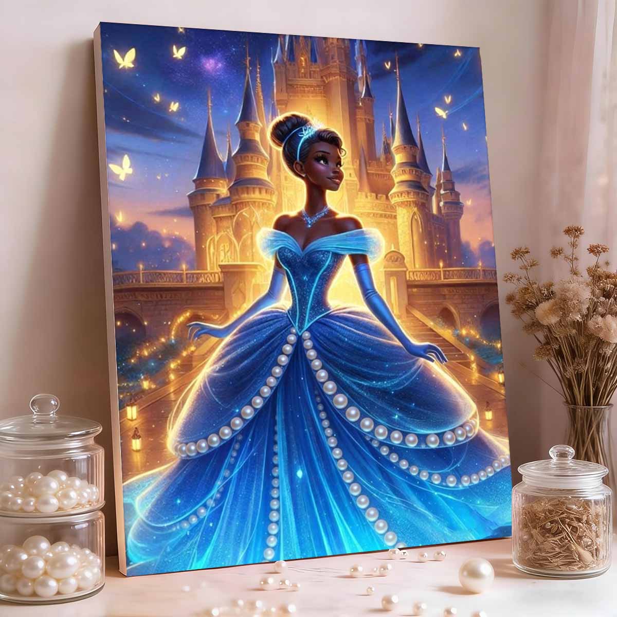 

Classic Princess Tiana Blue Pearl Dress The Princess and The Frog Dream Castle Golden Butterfly Element Pearl Inlaid Frameless Craft Painting 35x45cm