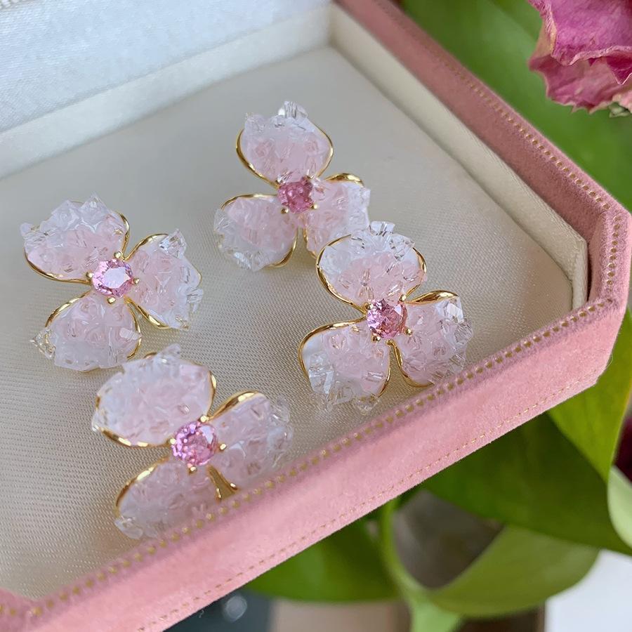 Zircon Crystal Flower Stud Earrings Korean Sweet Girl Heart Earrings Fashion Versatile Temperament Atmosphere Earrings