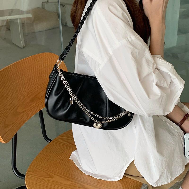 Bolso de Hombro para Mujer con Correa Trenzada Bajo el Brazo Estilo Coreano para Dama Bolso de Mano Blanco Plisado Nube Cadena de Corazón Femenina Bolso Versátil Diario