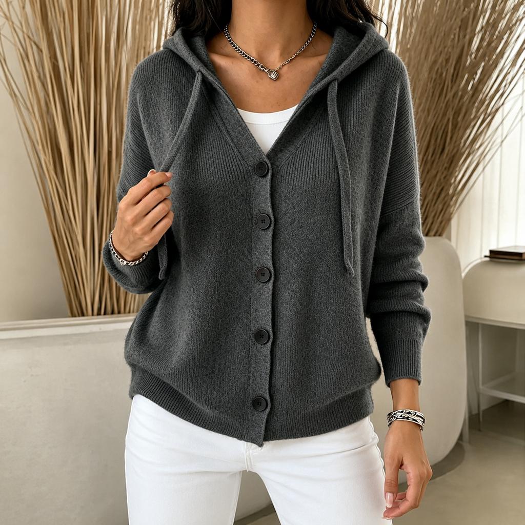 Damen Kapuzen-Strickjacke Farbe Lässiger Pullover für den Alltag