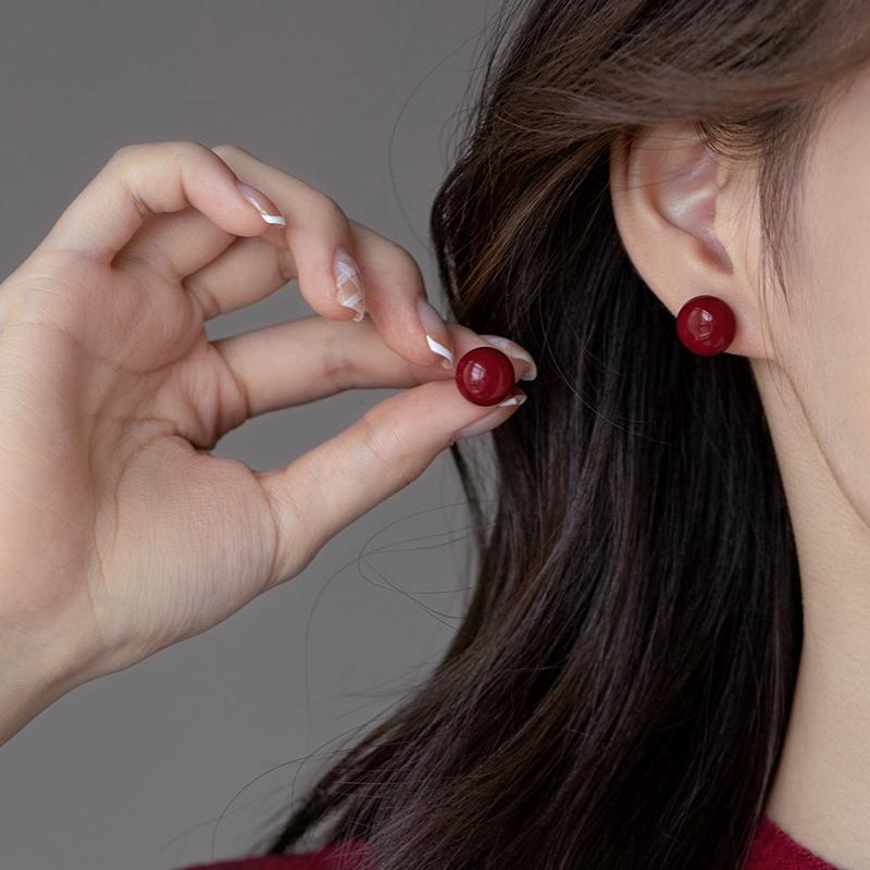 Real 925 Silver 6/8/10/12/14MM Red Artificial Pearl Stud Earrings For Women Classic Fine Jewelry Minimalist Accessories