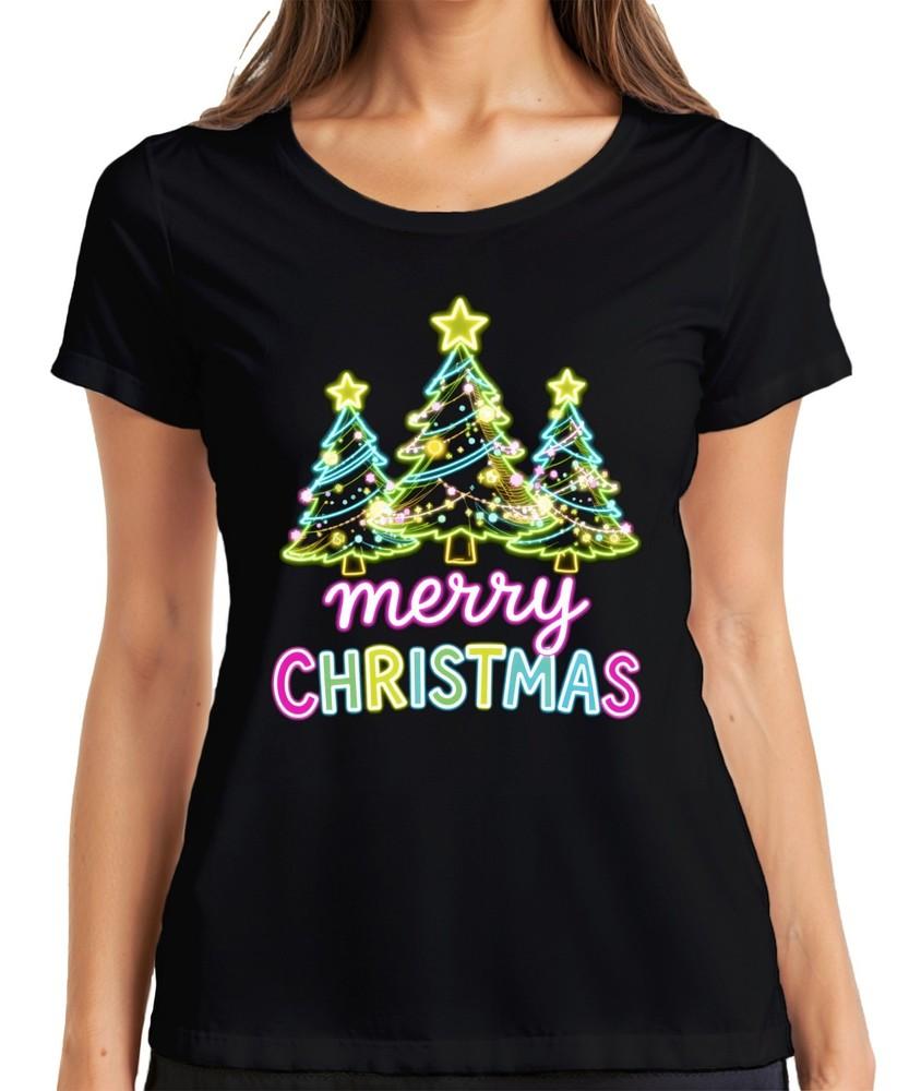 Merry Christmas Neon Christmas Trees Light Up Font Retro Gift Ladies TShirt