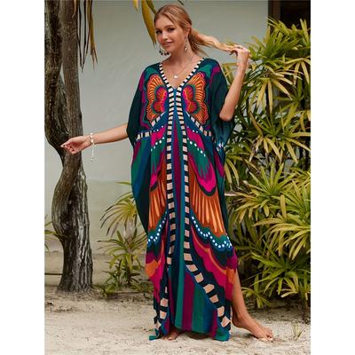 Plus Size Boho Cover Up Dress, Women's Plus Butterfly Print Bat Sleeve V Neck Slight Stretch Cover Up Dress